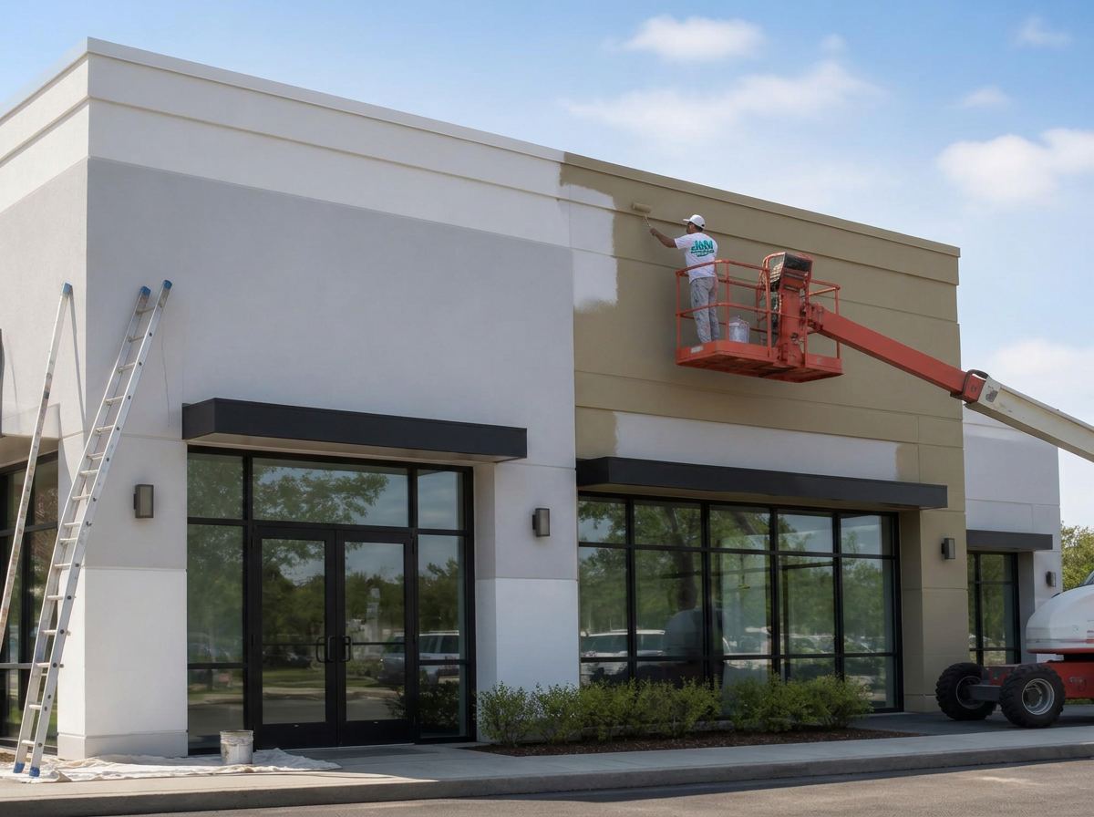 Crew painting a commercial storefront on Long Island